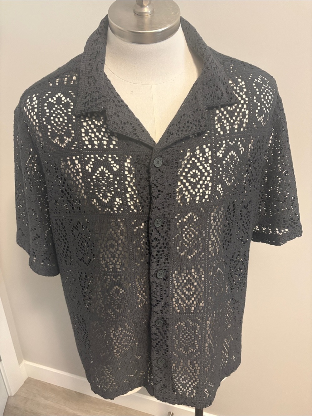 No Boundaries Navy Crochet Button-Up Top